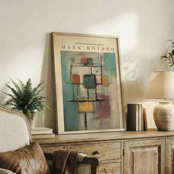 May include: Abstract art poster with geometric squares in teal, orange, yellow, and purple tones displayed in light wood frame on rustic wooden sideboard. Room styled with fern plant, cream ceramic vase, stacked books, and beige upholstered chair with brown throw pillow against white wall.