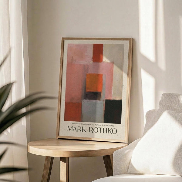 May include: Abstract art poster featuring geometric blocks in orange, pink, red, gray and dark green tones displayed in thin gold frame on round wooden side table. Natural sunlight streams across white wall creating shadows. Beige upholstered chair and green plant leaves visible in minimalist modern room setting.