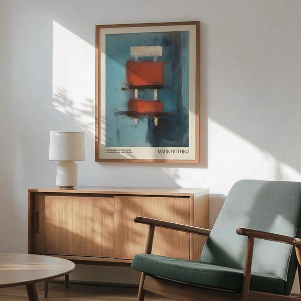 May include: Abstract art poster with blue background and red geometric shapes in wooden frame, displayed above wooden credenza with white table lamp, next to mint green mid-century modern armchair with wooden arms in bright, sunlit room with white walls.