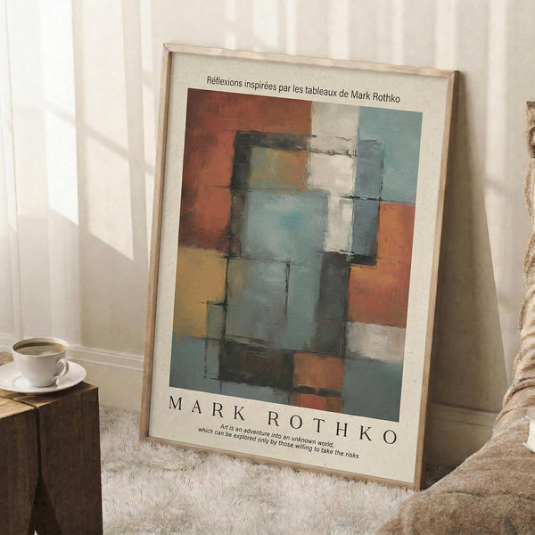 May include: Abstract art poster with geometric blocks in rust orange, dusty blue, cream, and sage green colors displayed in light wood frame, leaning against white wall in cozy room setting with coffee cup on wooden side table, textured cream rug, and beige throw blanket visible.