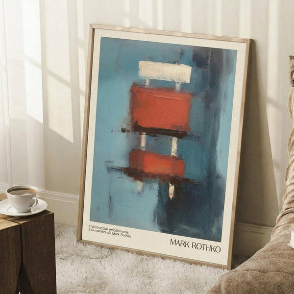 May include: Framed abstract art print leaning against white wall corner, featuring blue background with stacked red and white rectangular shapes in painterly style. Light wood frame sits on white textured rug beside wooden side table with white coffee cup and saucer. Beige throw blanket visible in corner with natural window light creating soft shadows.