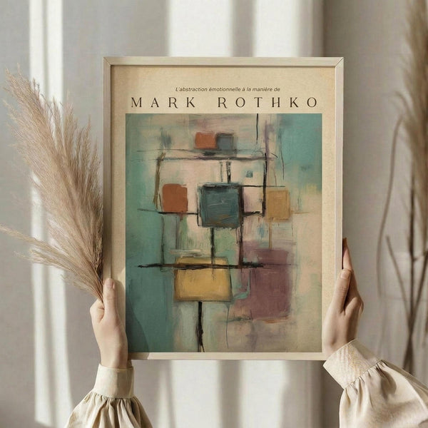 May include: Person holding framed abstract art print featuring geometric squares and rectangles in muted tones of teal, orange, yellow, and burgundy with soft brushwork and black linear elements. Light wood frame against neutral wall with dried pampas grass visible on left side. Hands wearing cream colored long sleeves with gathered cuffs.