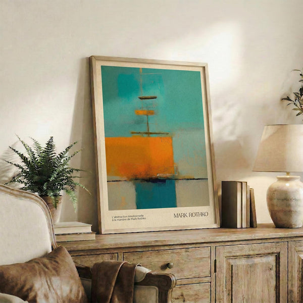 May include: Framed abstract art print displayed on rustic wooden sideboard featuring turquoise sky, orange geometric sailboat shape, and water reflection below. Print has light wood frame with white matting and "MARK ROTHKO" text at bottom. Scene includes fern plant, cream ceramic vases, books, and beige upholstered furniture in warm-toned living room setting.