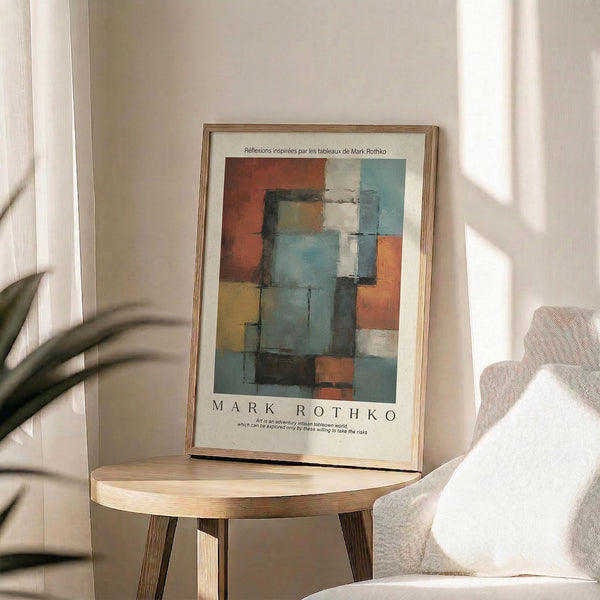 May include: Abstract art print in wooden frame displayed on round wooden side table next to beige upholstered chair. The artwork features geometric rectangular blocks in warm orange, rust red, teal blue, sage green, and cream colors with soft, painterly edges. Natural sunlight streams across the neutral-toned room setting with white curtains and plant leaves visible in corner.