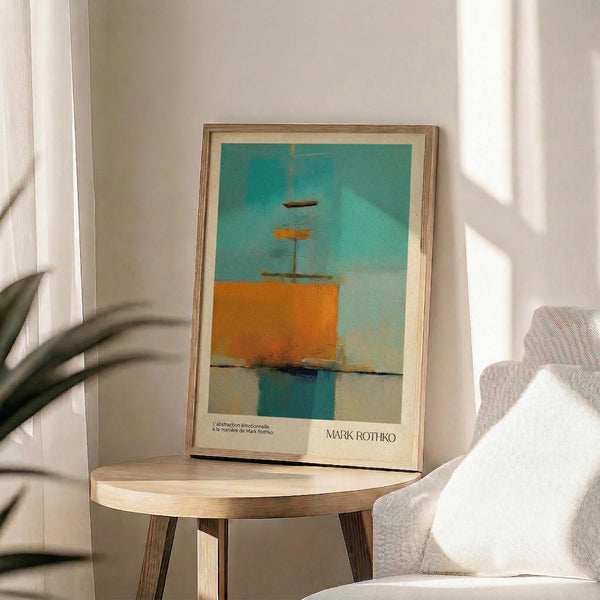 May include: Framed abstract art print displayed on round wooden side table next to beige upholstered chair. Artwork features turquoise and orange geometric shapes resembling a sailboat against blue-green sky with water reflection below. Natural sunlight streams across white wall creating soft shadows from nearby plant leaves. Light wood frame complements minimalist Scandinavian-style interior setting.
