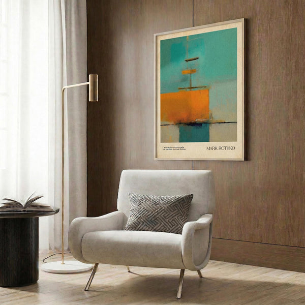 a modern living room with a white armchair, a floor lamp, and a framed abstract painting on the wall.