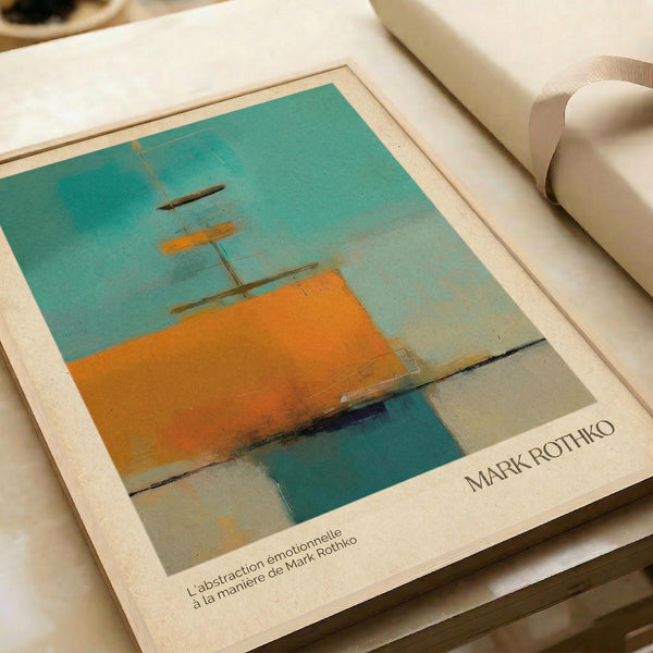The image is a framed abstract painting with a blue and orange color scheme.