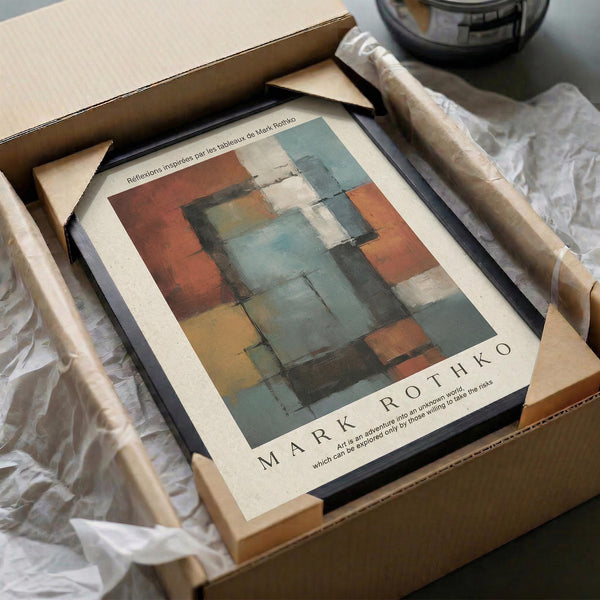 a framed abstract painting in a cardboard box, with a white paper wrapping around it.