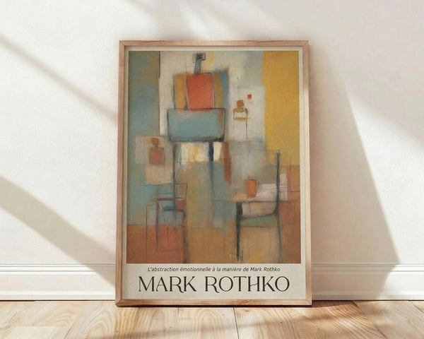 May include: Framed abstract art poster in wooden frame leaning against white wall on light wood floor. Artwork features geometric shapes in muted colors - coral, sage green, yellow, and beige tones with soft, painterly textures. Soft natural lighting creates diagonal shadows across the scene.