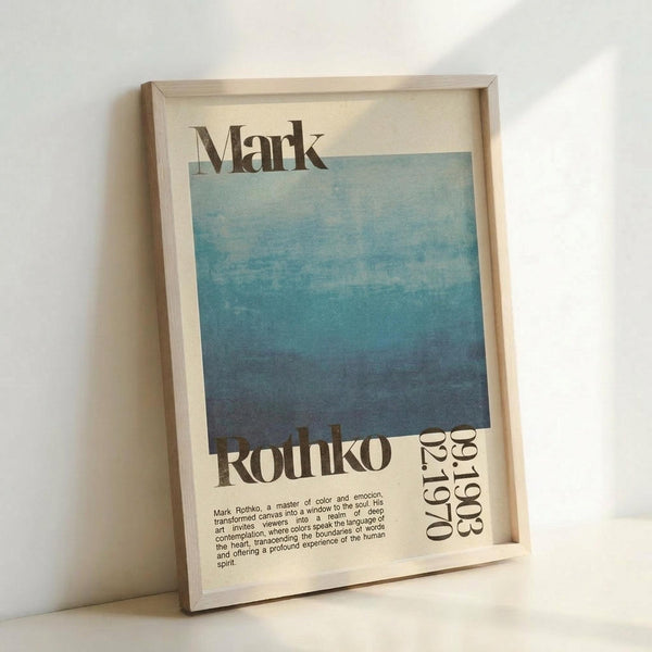 May include: Framed vintage-style art poster leaning against white wall featuring blue gradient background with "Mark Rothko" text and exhibition details. Light wood frame contains cream-colored print with descriptive text about the artist's color mastery and emotional depth. Natural lighting creates soft shadows on minimalist wall surface.