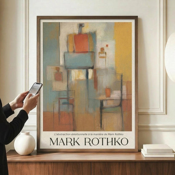 May include: Abstract art print in wooden frame displaying geometric shapes in muted orange, blue, and coral tones, positioned on wooden surface beside white ceramic vase and books. Person holds smartphone while viewing the framed artwork against cream-colored wall with white molding.