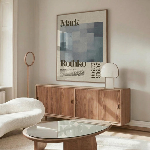 May include: Modern living room with cream walls featuring framed Mark Rothko exhibition poster with abstract blue and gray geometric squares. Wooden sideboard below holds white table lamp, white curved chair visible on left, glass oval coffee table in foreground. Natural lighting creates warm, minimalist Scandinavian-style interior atmosphere.