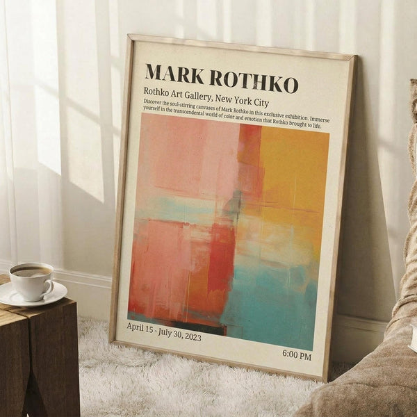 May include: Framed art poster with abstract colorful brushstrokes in coral pink, orange, yellow, and teal blue blocks. Features black text about an art gallery exhibition with dates April 15 - July 30, 2023. Light wood frame leaning against white wall corner on fluffy white rug. Small wooden block with white coffee cup and saucer nearby. Natural lighting creates soft shadows.
