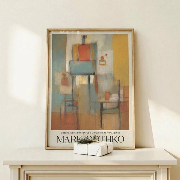 May include: Framed abstract art print in warm wood frame displaying geometric shapes in muted blues, oranges, and earth tones, leaning against white wall on light wooden surface beside small white wrapped gift with natural twine and evergreen sprig