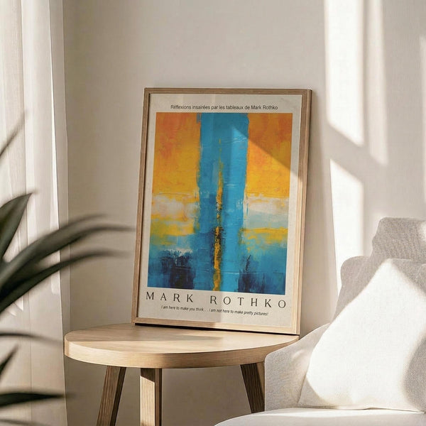 May include: Framed abstract art print with blue vertical band intersecting orange and yellow horizontal sections, displayed on round wooden side table next to beige upholstered chair. Natural sunlight creates geometric shadows on white wall. Green plant leaves visible in corner. Print features French text at top and artist name below artwork in thin golden frame.