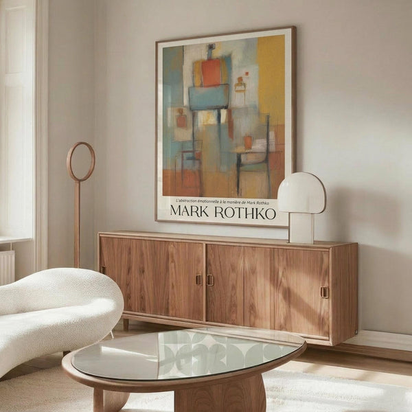 May include: Abstract art poster with geometric shapes in muted blues, oranges, and yellows displayed above a wooden sideboard in a minimalist living room. White curved chair and glass coffee table visible in foreground. Soft natural lighting creates shadows on light walls.