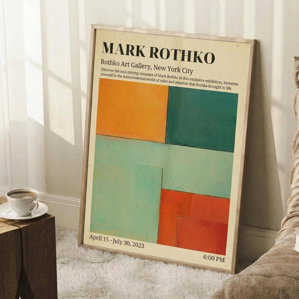 May include: Framed exhibition poster for Mark Rothko featuring geometric color blocks in orange, teal, mint green, and coral red on cream background. Text reads "Rothko Art Gallery, New York City" with exhibition dates "April 15 - July 30, 2023" and "6:00 PM". Poster leans against white wall corner on white textured rug, with wooden side table holding white coffee cup and saucer, beige throw blanket visible.