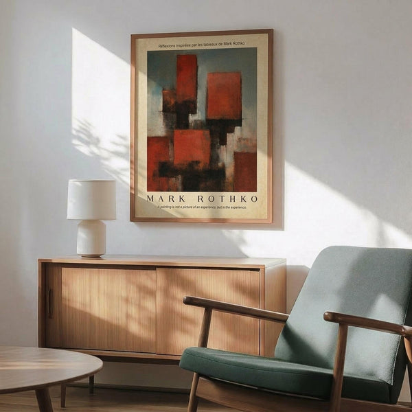 May include: Mark Rothko inspired abstract art poster with red, orange, and black rectangular color blocks on cream background, displayed in wooden frame above mid-century modern credenza. Scene shows sage green upholstered armchair with wooden arms, white ceramic table lamp, and round coffee table in sunlit room with white walls and natural shadows.