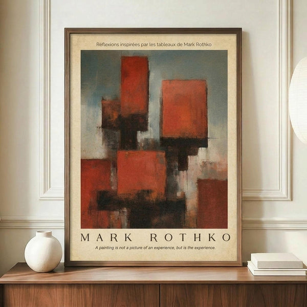 May include: Framed abstract art poster with red, orange, and dark rectangular color blocks in Rothko's signature style, displayed on wooden sideboard beside white ceramic vase and stacked books in elegant room with white paneled walls and crown molding.