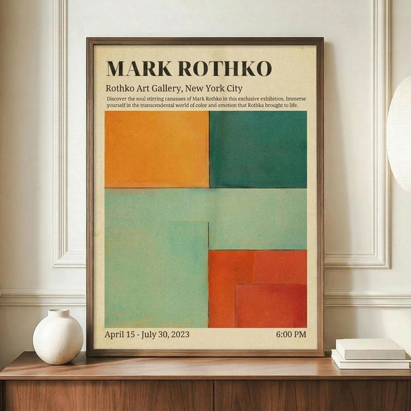 May include: A framed Mark Rothko exhibition poster displayed on a wooden sideboard in an elegant room with white paneled walls. The poster features abstract geometric color blocks in orange, teal, sage green, and coral red on a cream background. A small white ceramic vase and stack of books sit beside the brown-framed artwork, which shows exhibition details and dates.