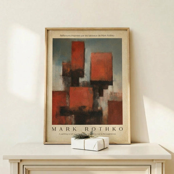 May include: Abstract painting poster with overlapping geometric rectangles in red, orange, black and gray tones on muted background, displayed in thin wooden frame on light wood surface beside small white wrapped gift with evergreen sprig against cream wall