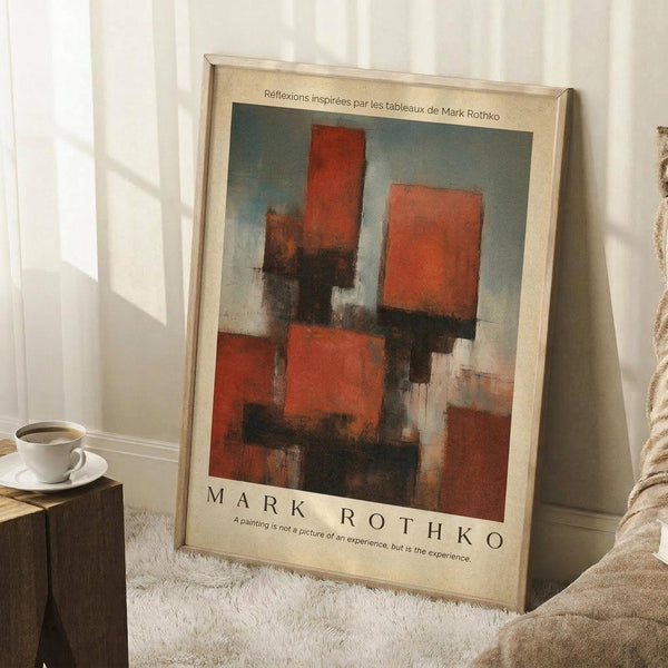 May include: Framed abstract art poster leaning against white wall on textured white rug. The artwork features geometric blocks of red-orange, gray-blue, black, and white with soft, blended edges in Rothko's signature style. Light wood frame with cream matting and French text at top. Coffee cup on wooden block nearby, beige knit throw visible at right edge.