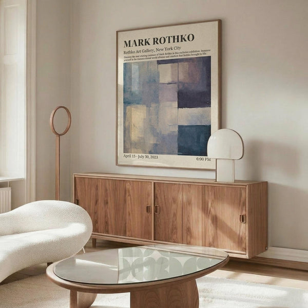 May include: Modern living room with Mark Rothko exhibition poster featuring abstract color blocks in blues, grays, and cream tones. Poster hangs above mid-century walnut sideboard with brass circle lamp. White curved chair and glass oval coffee table complete the minimalist Scandinavian-style interior with natural lighting.