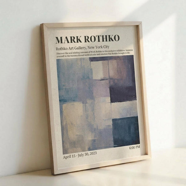 May include: Framed exhibition poster featuring Mark Rothko's abstract color field painting with muted blue, beige, and purple rectangular blocks. Light wood frame displays cream-colored poster with black text about Rothko Art Gallery NYC exhibition dates April-July 2023. Frame leans against white wall on light surface with soft natural lighting creating gentle shadows.