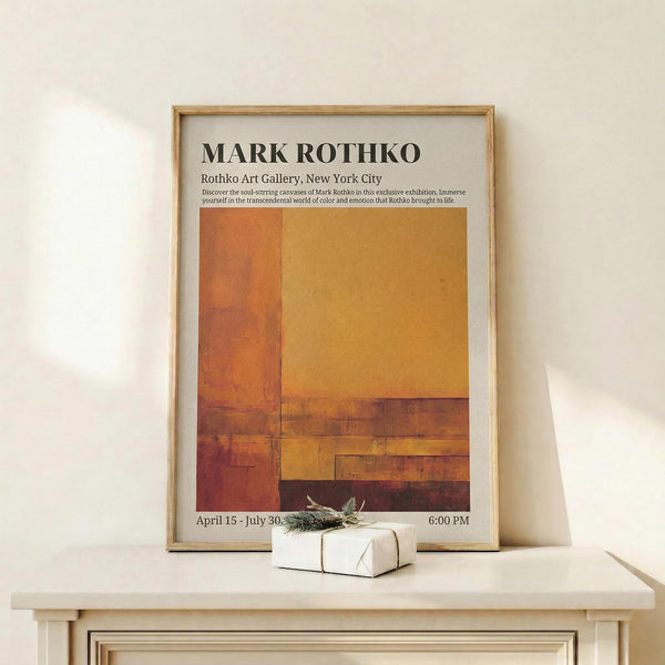 May include: Framed exhibition poster featuring Mark Rothko's name in bold black text above warm orange and brown abstract color blocks in Rothko's signature style. Light wood frame displays the poster on a white floating shelf against cream wall. Small wrapped gift with natural twine and evergreen sprig sits nearby. Soft natural lighting creates gentle shadows.