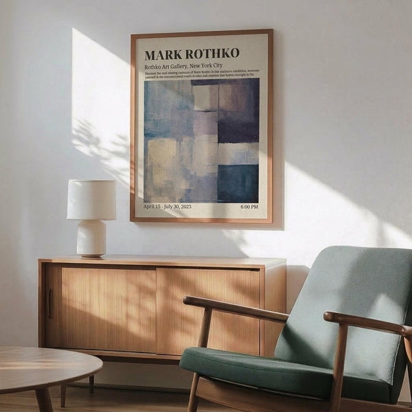 May include: Mark Rothko exhibition poster in thin wooden frame hanging on white wall above light wood credenza with table lamp. Mid-century modern sage green armchair with wooden arms sits nearby. Poster features abstract rectangular color blocks in blues, yellows, and grays with gallery text and exhibition dates. Natural sunlight creates geometric shadows across the minimalist room scene.