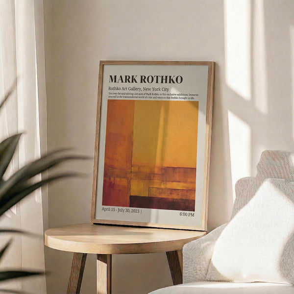 May include: Framed exhibition poster featuring Mark Rothko artwork with warm orange, yellow, and burgundy color blocks displayed on a round wooden side table next to a beige upholstered chair. Natural sunlight streams through white curtains, casting soft shadows across the minimalist room setting. Green plant leaves visible in corner.