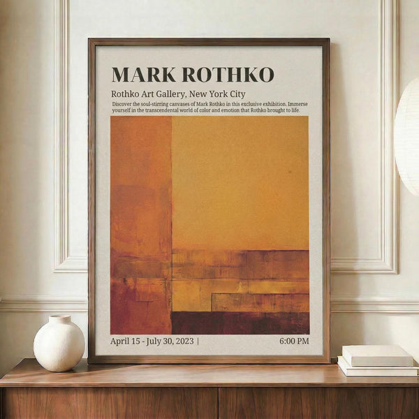 May include: Framed exhibition poster featuring Mark Rothko's abstract color field artwork in warm orange, yellow, and burgundy tones. The poster displays gallery information and exhibition dates, housed in a thin brown frame. Scene shows the artwork leaning against white wainscoted wall on a wooden credenza, styled with a cream ceramic vase and small stack of books.