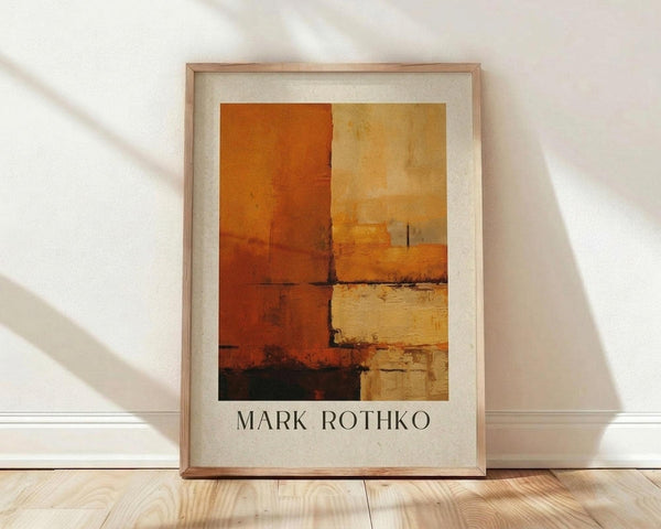 May include: Abstract art poster print with warm orange, rust, and cream colored rectangular blocks in painterly style, displayed in light wood frame with cream matting against white wall on wooden floor with natural window light casting shadows