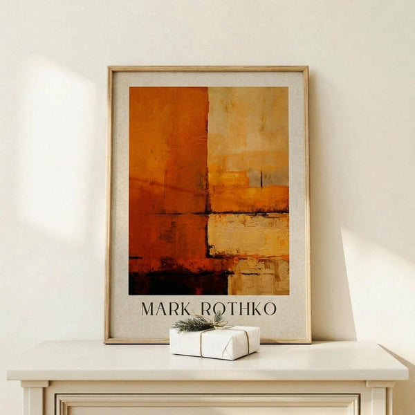 May include: Framed abstract art print in warm orange, yellow, and cream color blocks with dark horizontal lines, displayed on light wood console table beside small white wrapped gift with greenery sprig against cream wall