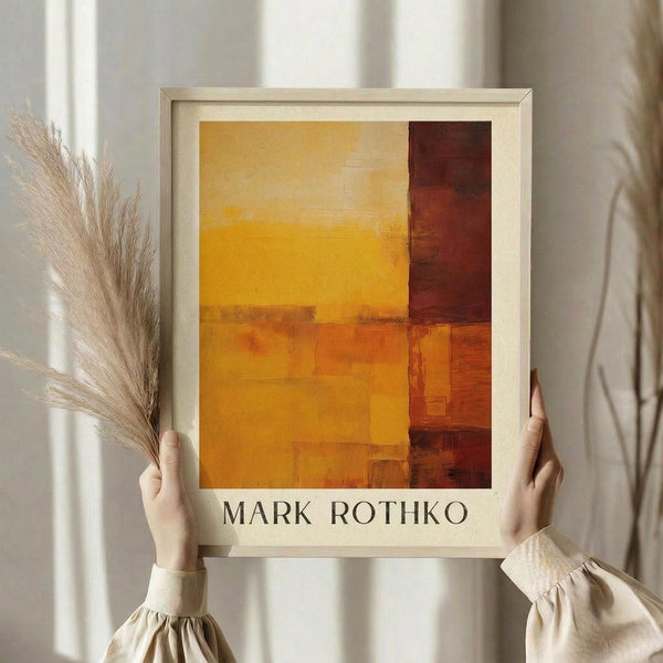 May include: Person in beige clothing holding framed abstract art print featuring warm orange and yellow color blocks with deep red-brown sections. Light wood frame with cream matting displays the modernist composition. Dried pampas grass visible to the left, soft natural lighting against neutral curtained background.