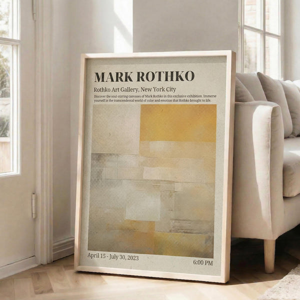 May include: Framed exhibition poster featuring Mark Rothko's abstract color field artwork in warm yellows, oranges, and neutral tones, displayed in a bright living room with white walls, large windows, and beige upholstered chair. The poster shows geometric rectangular blocks of color with gallery information and dates printed at top and bottom.