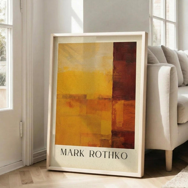 May include: Framed abstract art print in warm orange, yellow, and deep red rectangular color blocks in the style of Mark Rothko, displayed leaning against a white wall next to a beige upholstered sofa in a bright, minimalist living room with large windows and natural lighting.