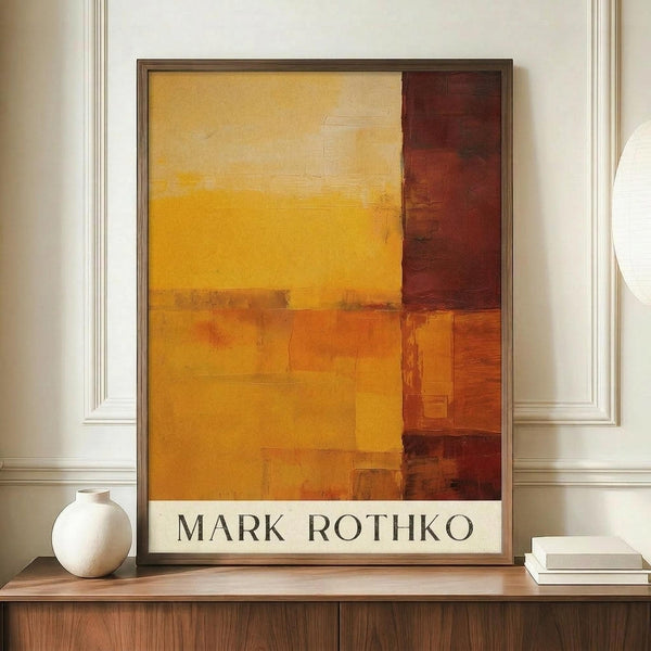 May include: Abstract art print in warm orange, yellow and deep red rectangular blocks displayed in thin brown frame on wooden sideboard. White ceramic vase and stacked books nearby. Classic interior with white paneled walls and molding visible in background.
