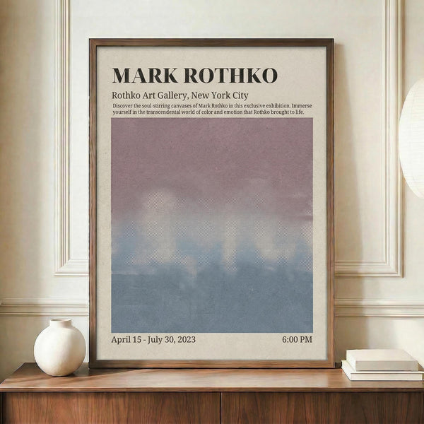May include: Framed exhibition poster featuring Mark Rothko's name in bold text above a soft gradient square transitioning from dusty purple at top to blue-gray at bottom. The cream-colored poster shows gallery details and dates, displayed in a thin brown frame on a wooden sideboard next to a white ceramic vase and stacked books against white paneled walls.