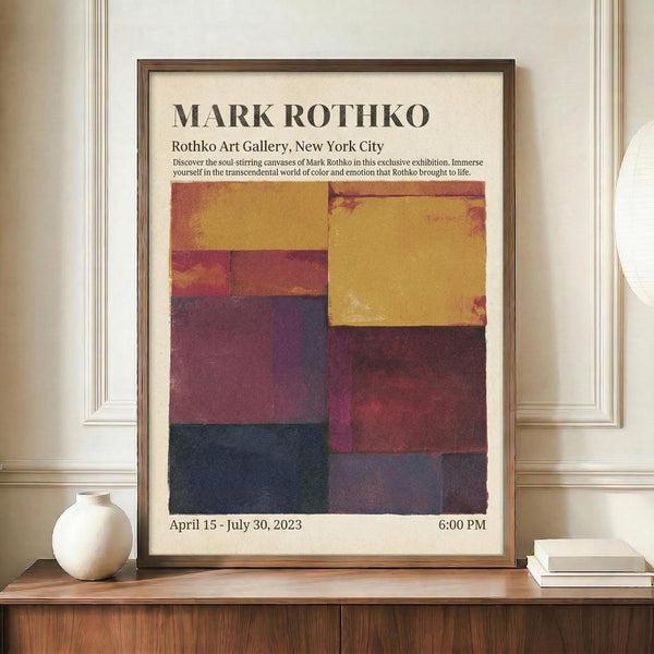 May include: Framed exhibition poster featuring Mark Rothko's abstract color field artwork with warm yellows, deep reds, purples, and navy blue rectangular blocks. Displayed on wooden console table beside white ceramic vase and stacked books against cream paneled wall. Brown wooden frame complements vintage-style poster design with exhibition details and dates.