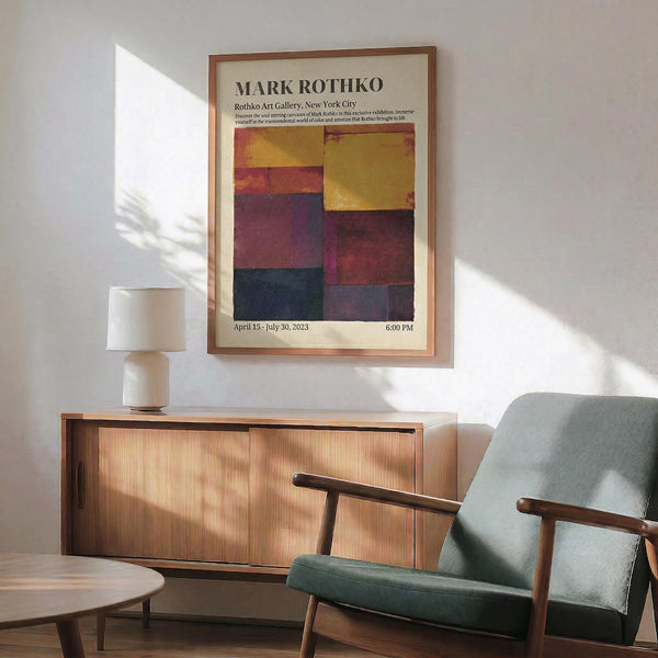 a living room with a wooden cabinet, a green armchair, and a wooden coffee table. Above the cabinet, there is a framed poster of Mark Rothko's artwork displayed on the wall.
