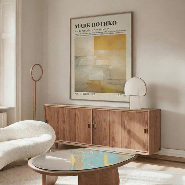 a modern living room with a large abstract painting hanging on the wall above a wooden cabinet. The painting has a yellow and white color scheme and appears to be a part of the Mark Rothko Art Gallery in New York City. The room also includes a white sofa, a glass coffee table, and a lamp, creating a stylish and contemporary atmosphere.