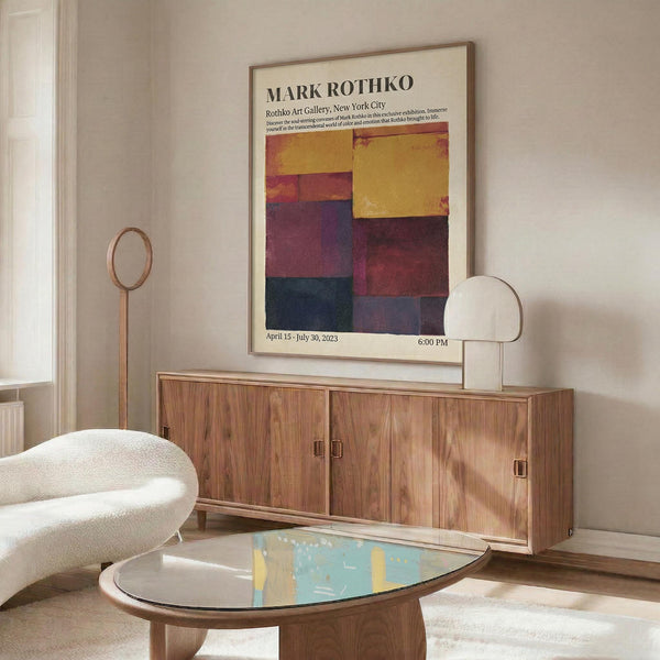 a modern living room with a large abstract painting hanging on the wall above a wooden cabinet. The painting has a vibrant color palette and geometric shapes, creating a striking visual focal point in the room. The room also includes a white sofa, a glass coffee table, and a lamp, contributing to the overall contemporary and stylish atmosphere.
