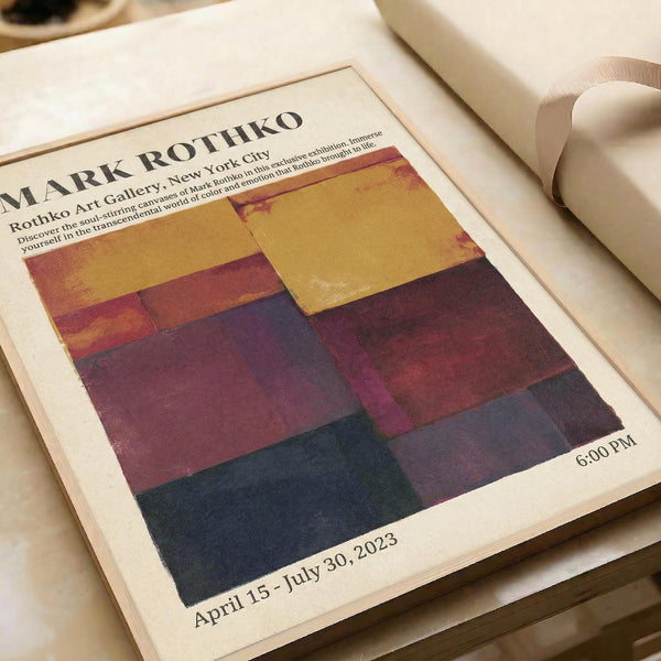 The image is a poster for an art exhibition titled "Mark Rothko" featuring a large abstract painting with bold colors.