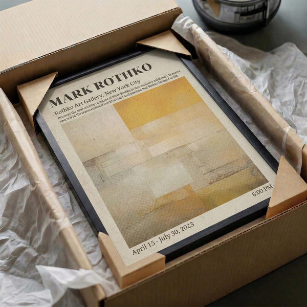 a framed poster of an abstract painting, which appears to be a promotional poster for an art exhibition. The poster is placed in a cardboard box, and there is a clear plastic wrapping around it.
