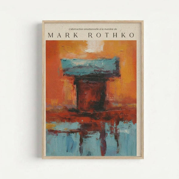 May include: Abstract expressionist style poster print in light wood frame mounted on white wall. Artwork features warm orange and yellow tones in upper portion with turquoise blue rectangular shape, darker burgundy and brown central elements, and blue tones in lower section. French text "L'abstraction émotionnelle à la manière de" and "MARK ROTHKO" appears above the painted composition. Textured brushwork visible throughout with layered paint application creating depth and movement.