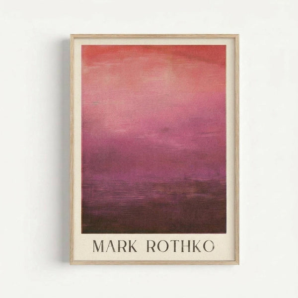 May include: Framed art print featuring a gradient abstract painting with horizontal bands of color transitioning from coral red at top through pink in middle to deep burgundy and brown at bottom, displayed in light wood frame with white matting against white wall