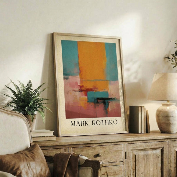 May include: Abstract art poster with orange, teal, and pink color blocks in the style of Mark Rothko, displayed in light wood frame on rustic wooden sideboard beside fern plant, ceramic vase, and stacked books in warm-toned living room setting with beige upholstered chair and natural lighting.