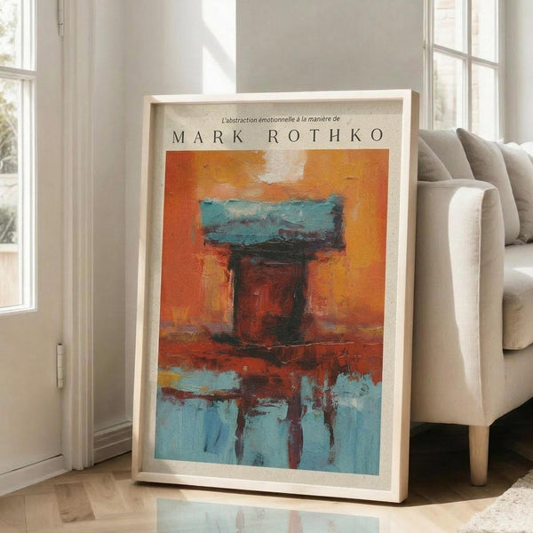 May include: Framed abstract art print in light wood frame leaning against white wall next to beige sofa. Artwork features bold orange, turquoise blue, and burgundy brushstrokes in Mark Rothko's style with "MARK ROTHKO" text at top. Natural light streams through windows onto hardwood floors in modern living room setting.