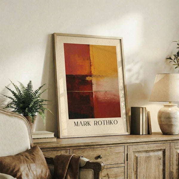 May include: Framed abstract art print with warm color blocks in red, orange, yellow, and burgundy tones displayed on rustic wooden sideboard. Modern minimalist poster in light wood frame sits alongside fern plant, ceramic vase, stacked books, and brown leather chair in neutral living room setting with white walls and natural lighting.